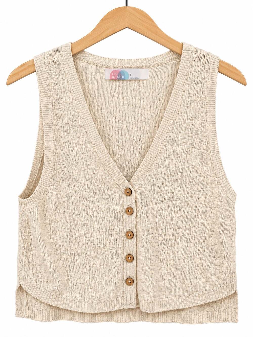 FP Beach Oatmeal Small Button Front Sweater Vest V Neck Knit Coastal Layering
